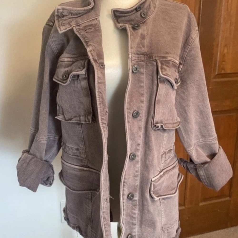 Free people NWOT Harley washed military distressed twill denim jacket plum small
